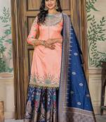 peach embroidered satin semi stitched salwar with dupatta