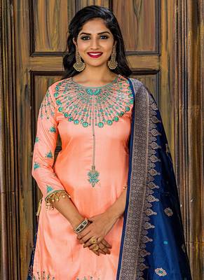 peach embroidered satin semi stitched salwar with dupatta 2
