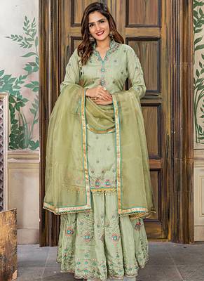 green embroidered satin semi stitched salwar with dupatta 1