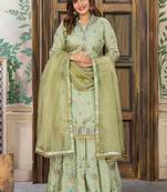green embroidered satin semi stitched salwar with dupatta