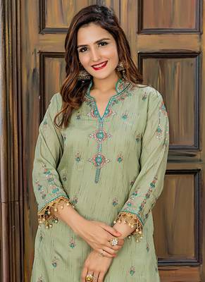 green embroidered satin semi stitched salwar with dupatta 2