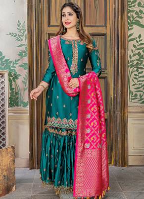 green embroidered satin semi stitched salwar with dupatta 1