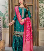 green embroidered satin semi stitched salwar with dupatta