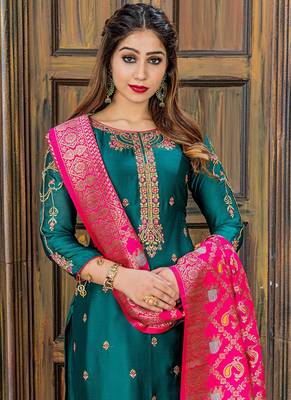 green embroidered satin semi stitched salwar with dupatta 2