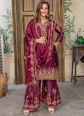 maroon embroidered satin semi stitched salwar with dupatta 1