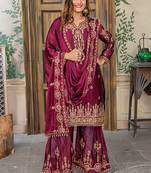maroon embroidered satin semi stitched salwar with dupatta