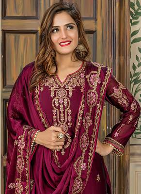 maroon embroidered satin semi stitched salwar with dupatta 2