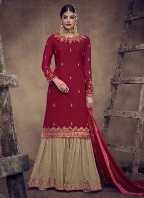 Red Embroidered Georgette Semi Stitched Salwar With Dupatta 1