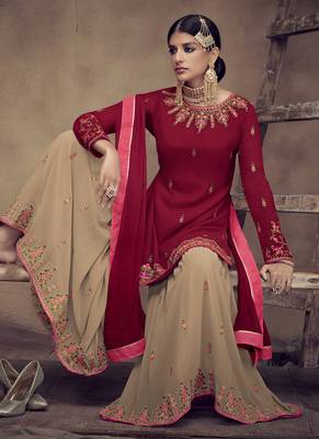 Red Embroidered Georgette Semi Stitched Salwar With Dupatta 2