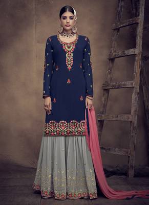 Blue Embroidered Georgette Semi Stitched Salwar With Dupatta 1