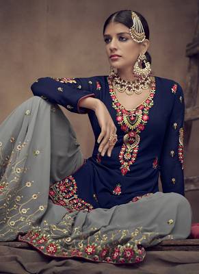 Blue Embroidered Georgette Semi Stitched Salwar With Dupatta 2