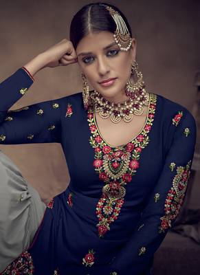 Blue Embroidered Georgette Semi Stitched Salwar With Dupatta 3