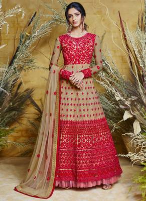 Beige Embroidered Net Semi Stitched Salwar With Dupatta 1