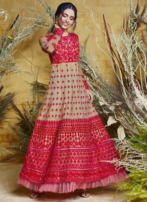 Beige Embroidered Net Semi Stitched Salwar With Dupatta 2
