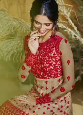 Beige Embroidered Net Semi Stitched Salwar With Dupatta 3