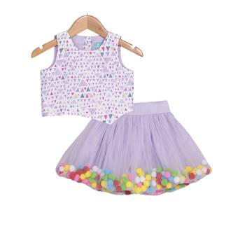 Lavender Pompom Skirt with Asymmetric Crop Top 1