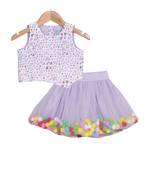Lavender Pompom Skirt with Asymmetric Crop Top