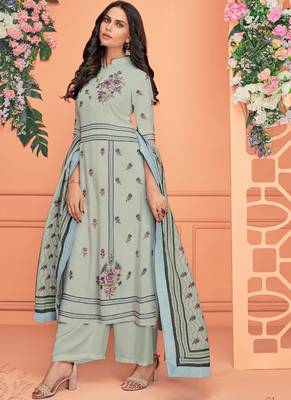 blue embroidered viscose stitched salwar with dupatta 1