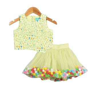 Hue of Green Pompom Skirt with Asymmetric Crop Top 1