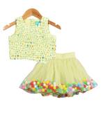 Hue of Green Pompom Skirt with Asymmetric Crop Top