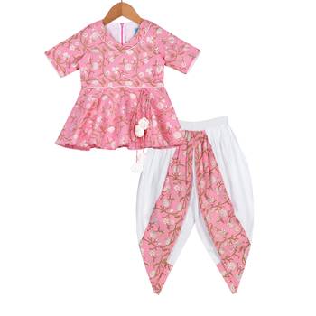 Pink & White Quirky Peplum Top with Cowl Dhoti Pants 1