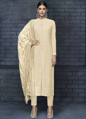 off white embroidered georgette stitched salwar with dupatta 1