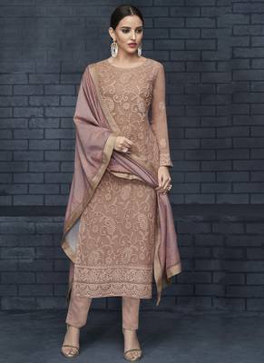 beige embroidered georgette stitched kameez  with dupatta 1