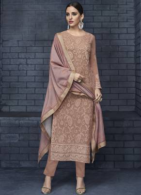 beige embroidered georgette stitched kameez  with dupatta 2