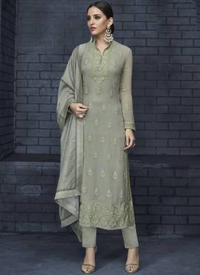 grey embroidered georgette stitched salwar with dupatta 1