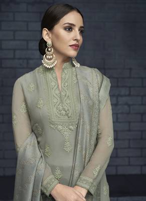 grey embroidered georgette stitched salwar with dupatta 2