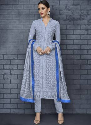 blue embroidered georgette stitched salwar with dupatta 1
