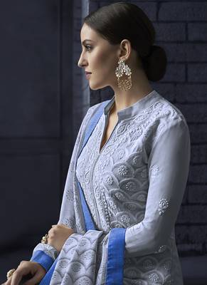 blue embroidered georgette stitched salwar with dupatta 2