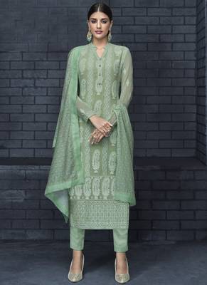 green embroidered georgette stitched salwar with dupatta 1