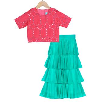 Turquoise & Red Tiered Frill Pants with Embroidered Crop Top 1