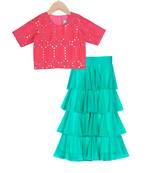 Turquoise & Red Tiered Frill Pants with Embroidered Crop Top