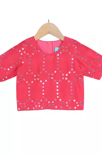Turquoise & Red Tiered Frill Pants with Embroidered Crop Top