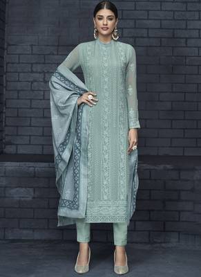 turquoise embroidered georgette stitched salwar with dupatta 1