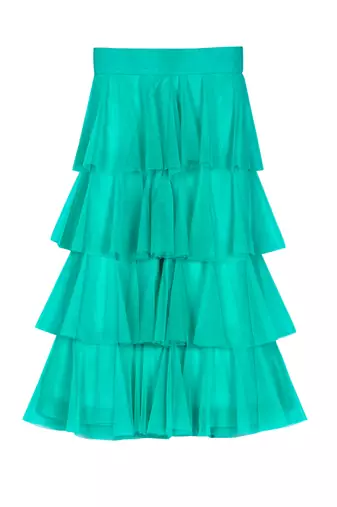 Turquoise & Red Tiered Frill Pants with Embroidered Crop Top