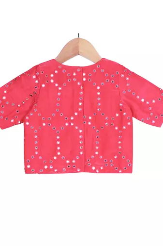 Turquoise & Red Tiered Frill Pants with Embroidered Crop Top