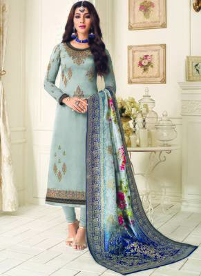 grey embroidered georgette semi stitched salwar with dupatta 1