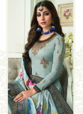 grey embroidered georgette semi stitched salwar with dupatta 3