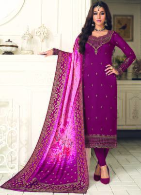 Wine Embroidered Georgette Semi Stitched Salwar With Dupatta 1