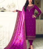 Wine Embroidered Georgette Semi Stitched Salwar With Dupatta