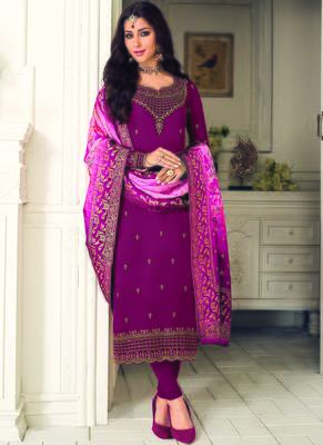 Wine Embroidered Georgette Semi Stitched Salwar With Dupatta 2