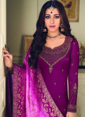 Wine Embroidered Georgette Semi Stitched Salwar With Dupatta 3