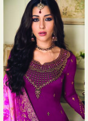 Wine Embroidered Georgette Semi Stitched Salwar With Dupatta 4