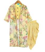 Yellow Printed Floral Jacket with Dhoti Pants & Crop Top
