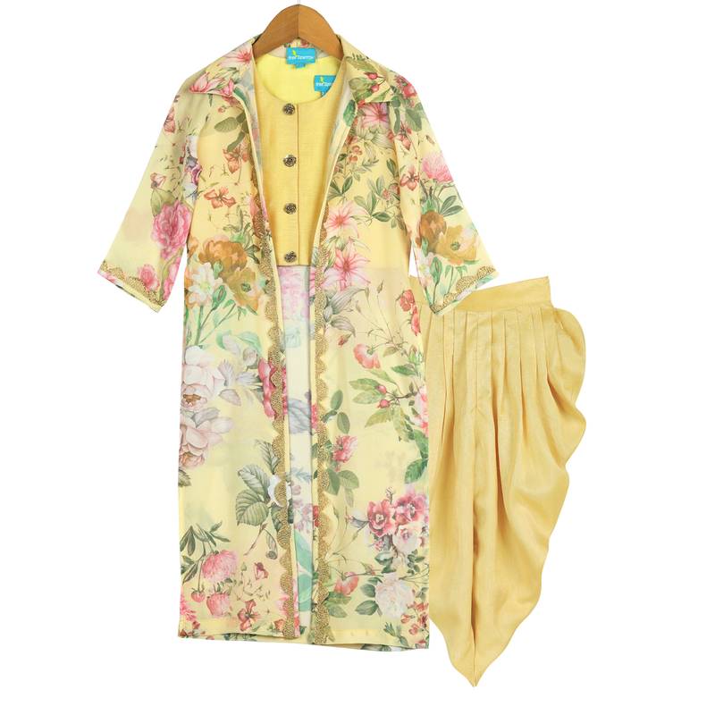 Yellow Printed Floral Jacket with Dhoti Pants & Crop Top