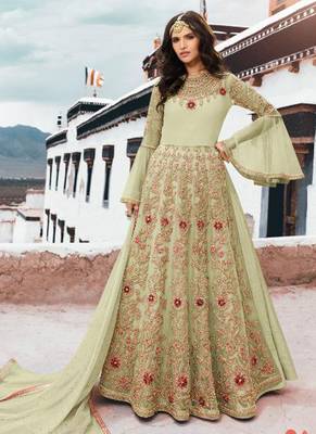 Beige Embroidered Net Semi Stitched Salwar With Dupatta 1