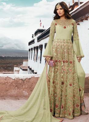 Beige Embroidered Net Semi Stitched Salwar With Dupatta 2